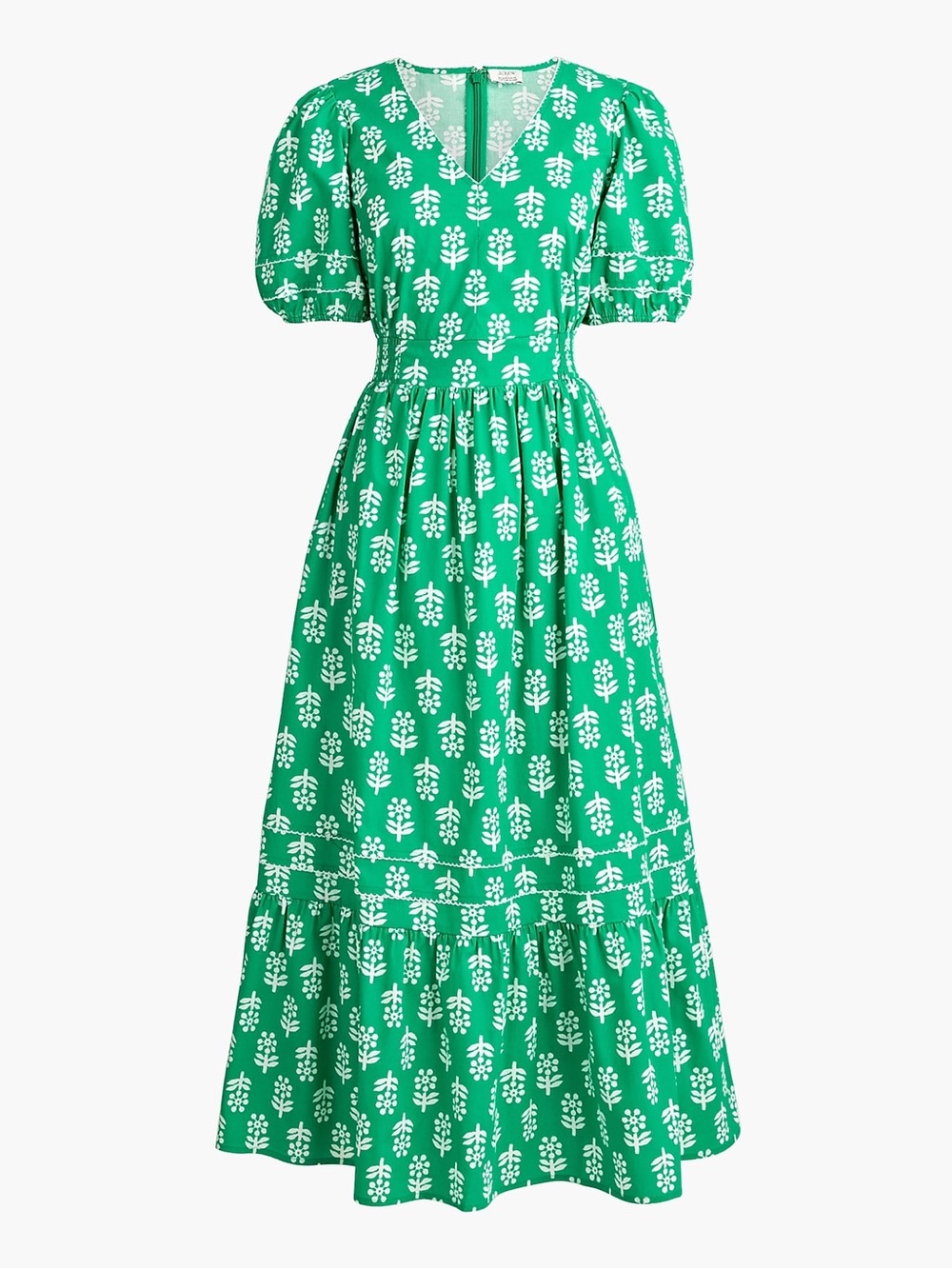 NWT J.Crew Factory Block-Print Puff-Sleeve Midi Dress in Emerald Beryl Size 8